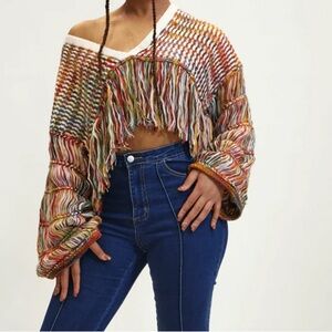 Ivory Rose Multi Candy Shaggy Fringe Cropped Sweater Small